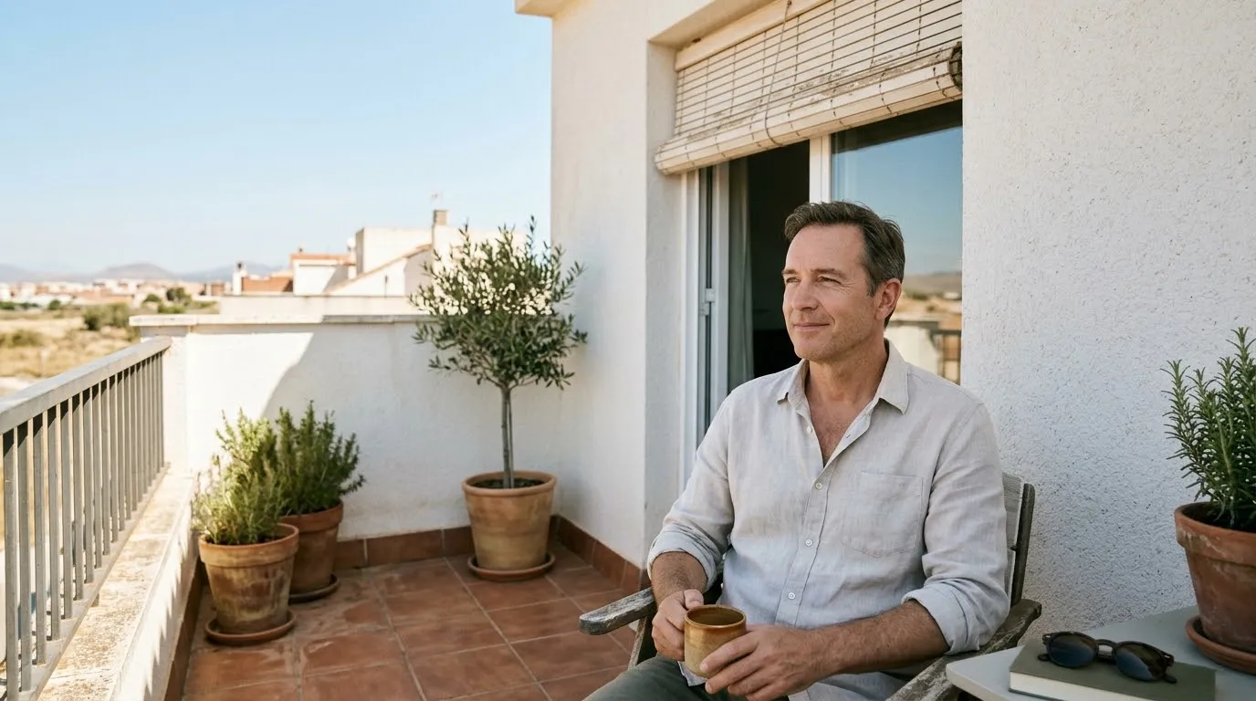 Hombre tomando un café tranquilo en la terraza soleada de su piso