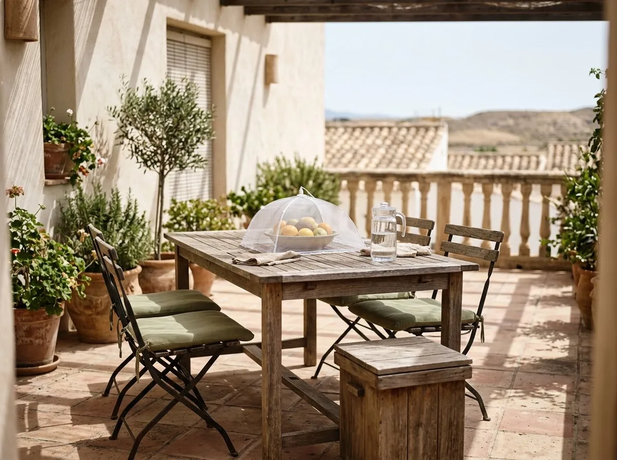 Mesa de terraza con la fruta tapada y el cubo de basura cerrado