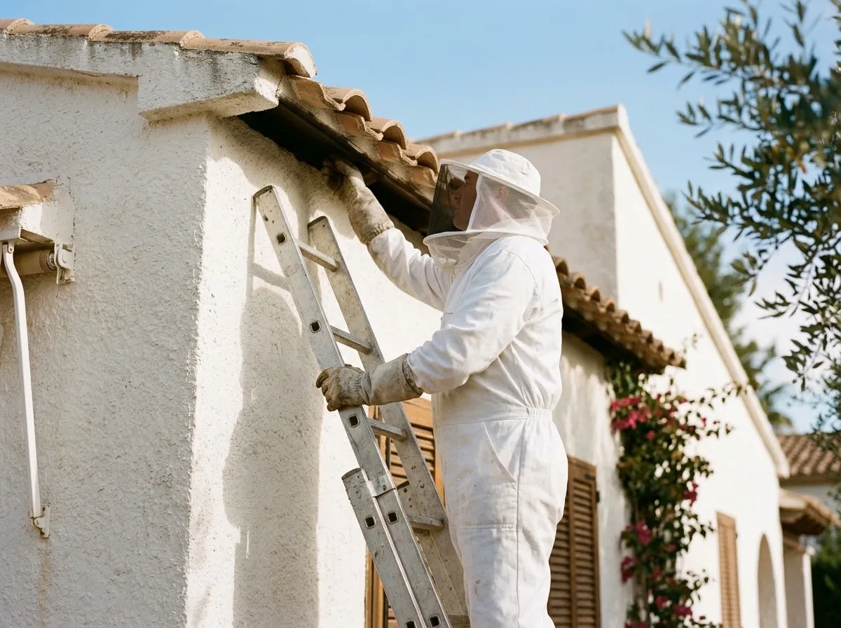 Técnico con traje de protección revisando el alero de una casa desde una escalera