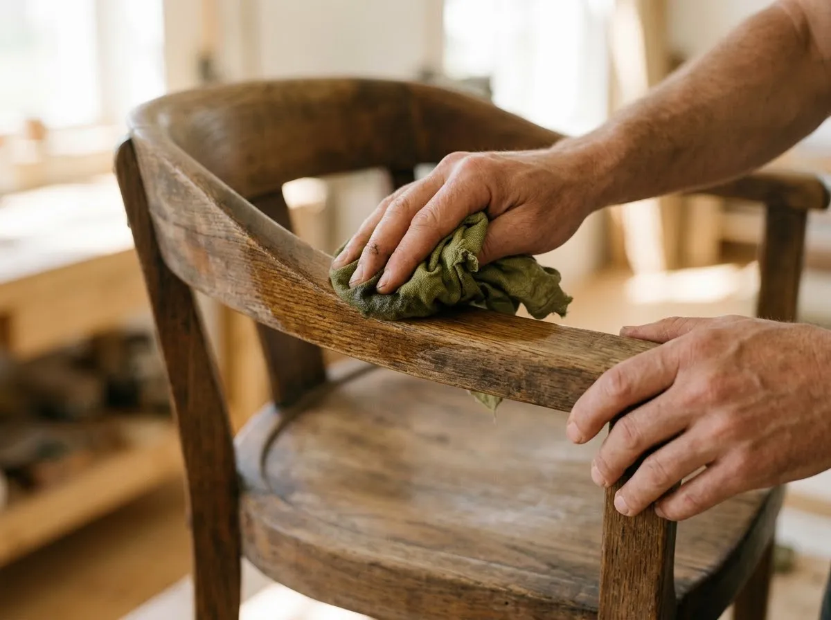 Manos aplicando cera protectora con un paño en una silla de madera