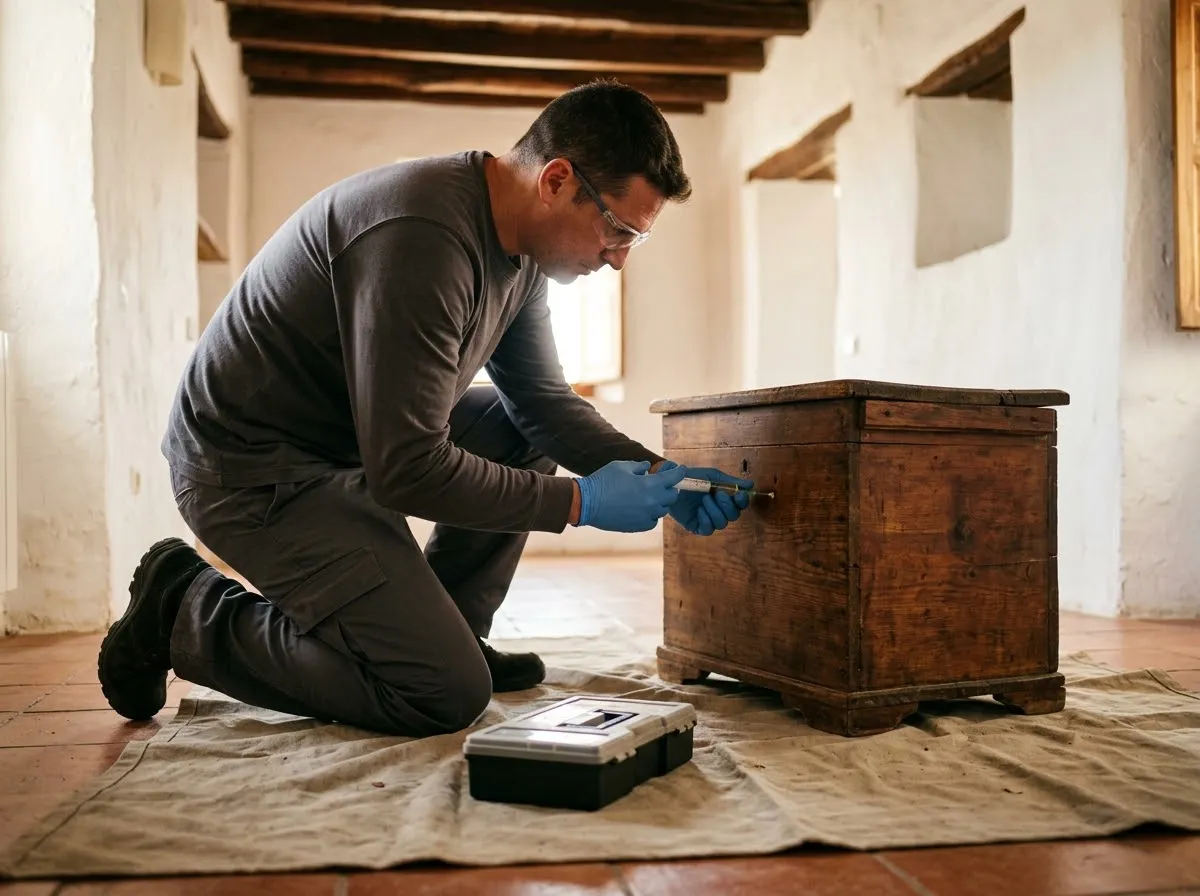 Técnico inyectando producto anticarcoma en un arcón antiguo de madera