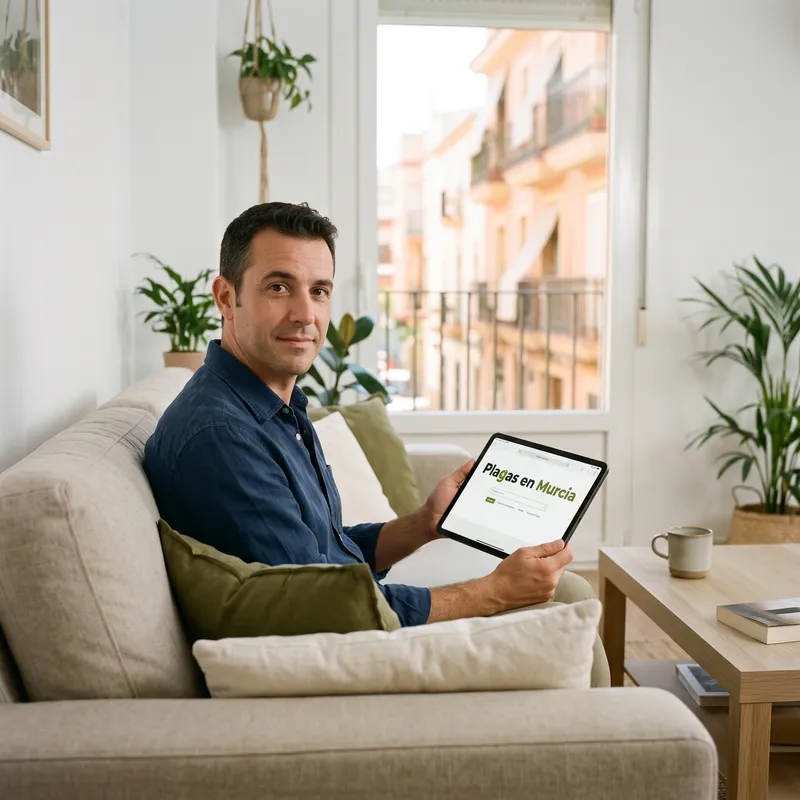 Hombre en el sofá de su salón consultando la web en una tablet