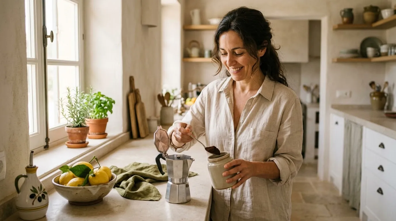 Mujer preparando café en la cocina de su casa