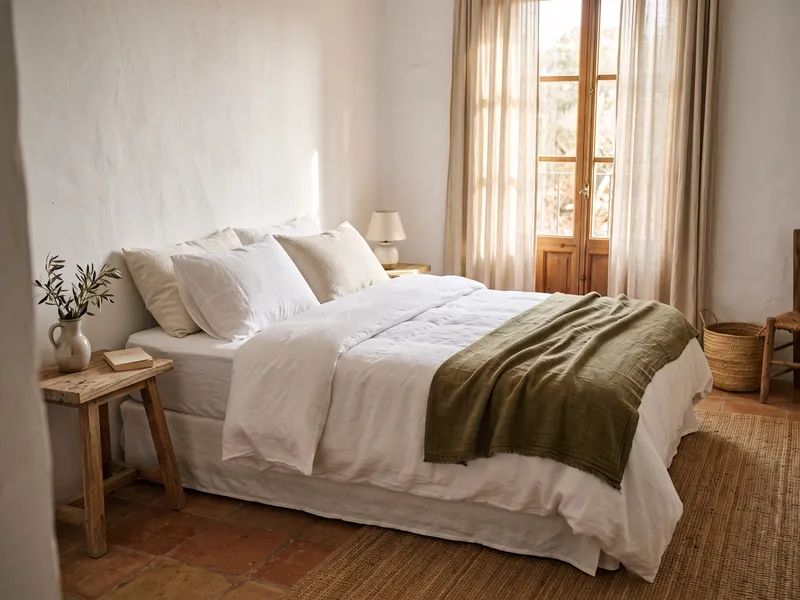 Dormitorio luminoso con la cama hecha