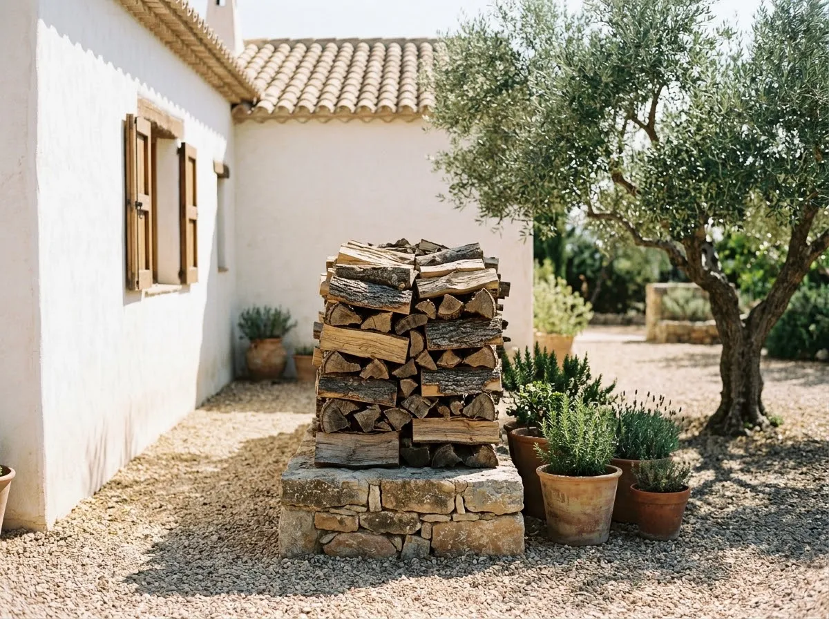 Leña apilada sobre una base de piedra, separada de la pared de la casa